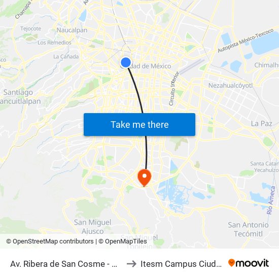 Av. Ribera de San Cosme - Metro San Cosmo to Itesm Campus Ciudad de México map