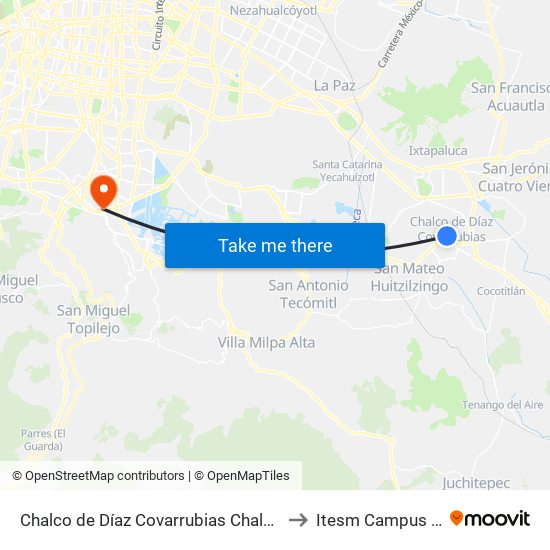 Chalco de Díaz Covarrubias Chalco Estado de México 56625 México to Itesm Campus Ciudad de México map