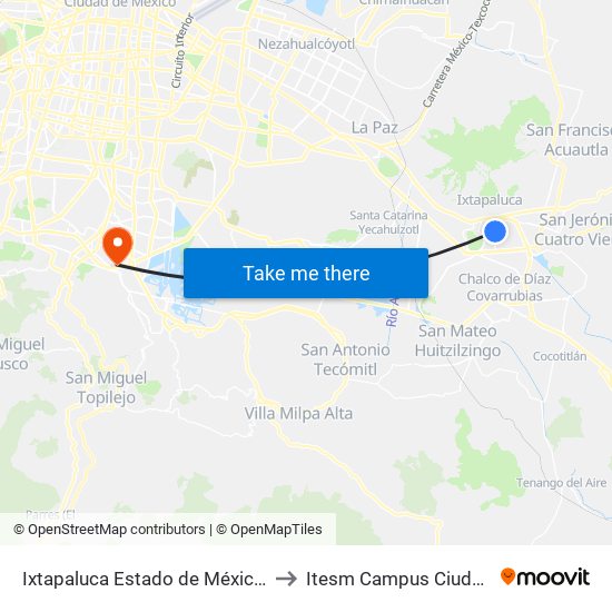 Ixtapaluca Estado de México 56605 México to Itesm Campus Ciudad de México map