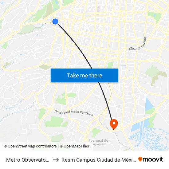 Metro Observatorío to Itesm Campus Ciudad de México map