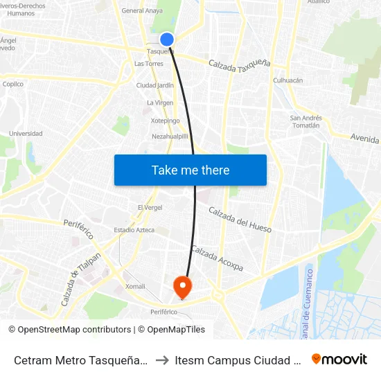 Cetram Metro Tasqueña - Anden A to Itesm Campus Ciudad de México map