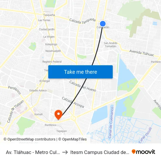 Av. Tláhuac - Metro Culhuacán to Itesm Campus Ciudad de México map