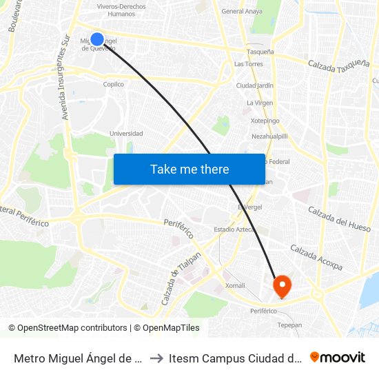 Metro Miguel Ángel de Quevedo to Itesm Campus Ciudad de México map