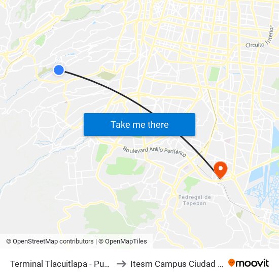 Terminal Tlacuitlapa - Puerta Grande to Itesm Campus Ciudad de México map