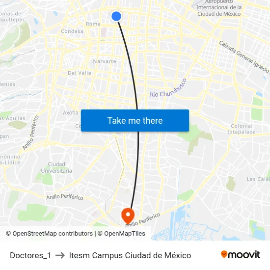 Doctores_1 to Itesm Campus Ciudad de México map
