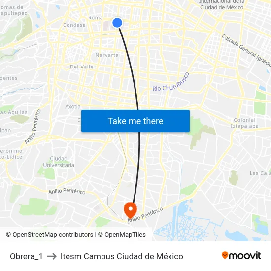 Obrera_1 to Itesm Campus Ciudad de México map