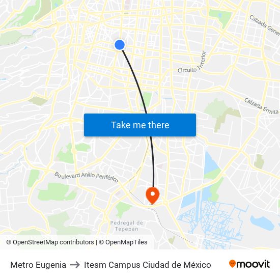 Metro Eugenia to Itesm Campus Ciudad de México map