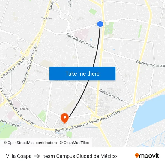 Villa Coapa to Itesm Campus Ciudad de México map