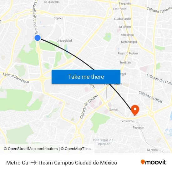 Metro Cu to Itesm Campus Ciudad de México map