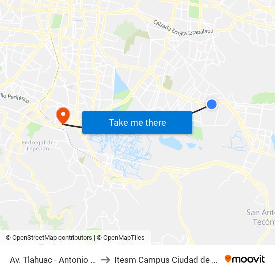 Av. Tlahuac - Antonio Sierra to Itesm Campus Ciudad de México map