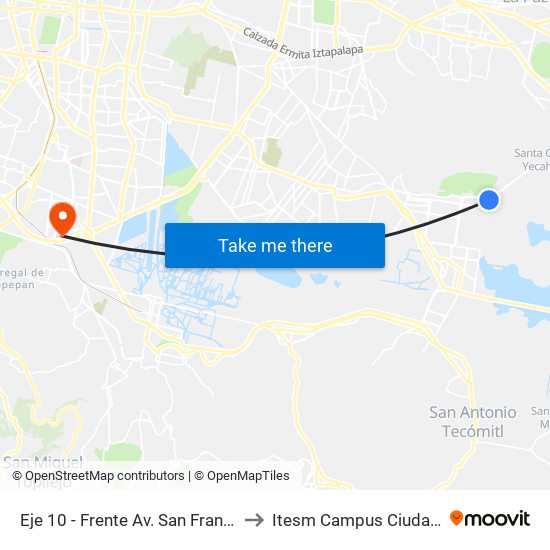 Eje 10 - Frente Av. San Francisco Tlaltenco to Itesm Campus Ciudad de México map