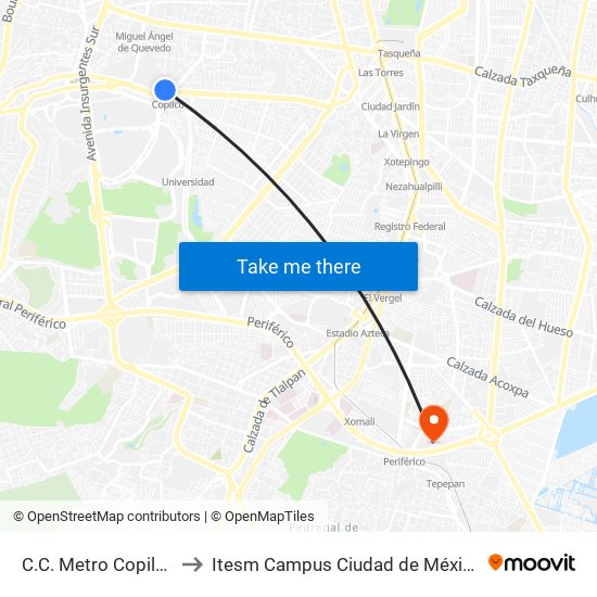 C.C. Metro Copilco to Itesm Campus Ciudad de México map