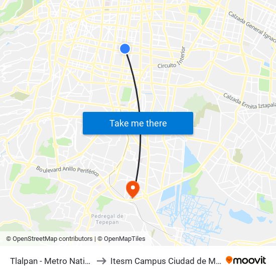 Tlalpan - Metro Nativitas to Itesm Campus Ciudad de México map