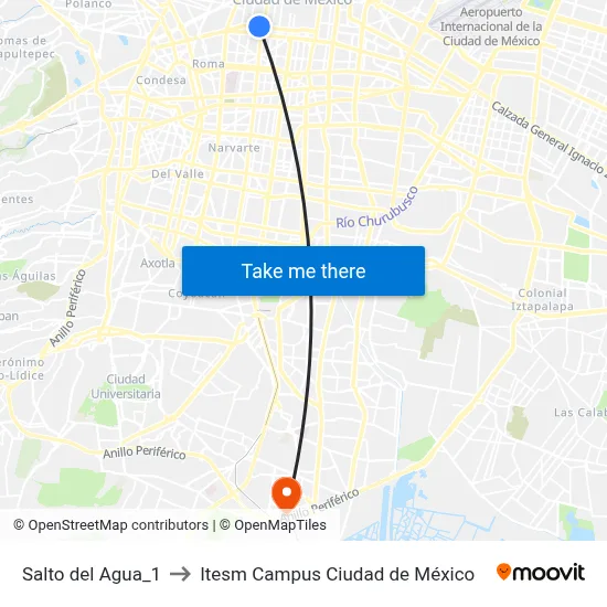 Salto del Agua_1 to Itesm Campus Ciudad de México map