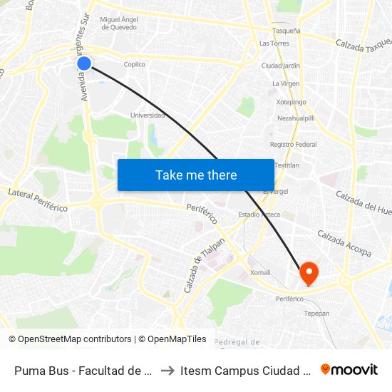 Puma Bus - Facultad de  Psicología to Itesm Campus Ciudad de México map