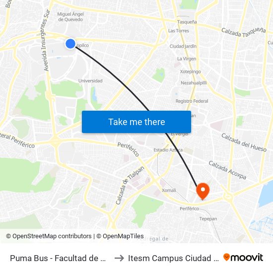 Puma Bus - Facultad de Odontologia to Itesm Campus Ciudad de México map