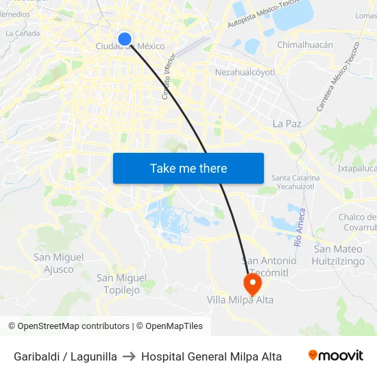 Garibaldi / Lagunilla to Hospital General Milpa Alta map