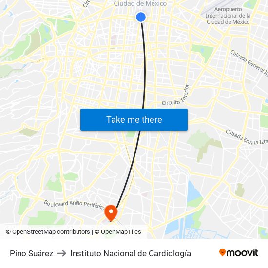 Pino Suárez to Instituto Nacional de Cardiología map