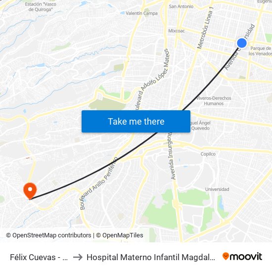 Félix Cuevas - Zapata to Hospital Materno Infantil Magdalena Contreras map