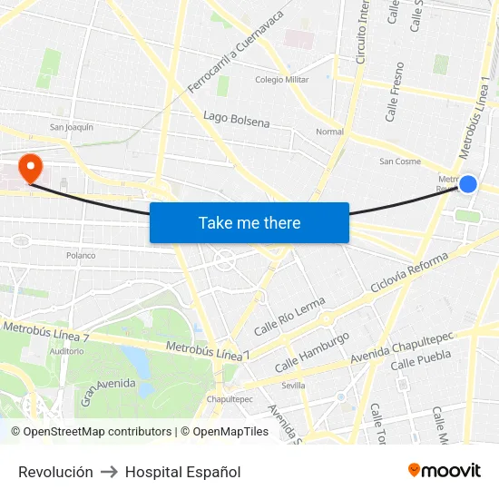 Revolución to Hospital Español map