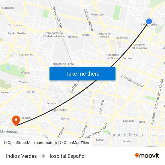 Indios Verdes to Hospital Español map