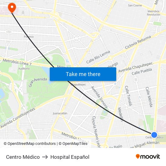 Centro Médico to Hospital Español map