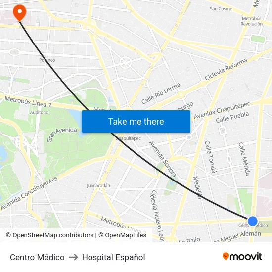 Centro Médico to Hospital Español map