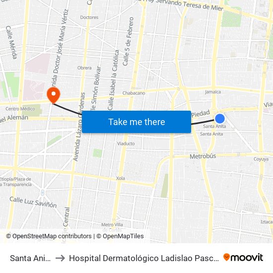 Santa Anita to Hospital Dermatológico Ladislao Pascua map