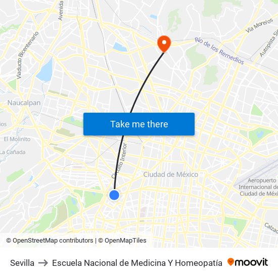 Sevilla to Escuela Nacional de Medicina Y Homeopatía map