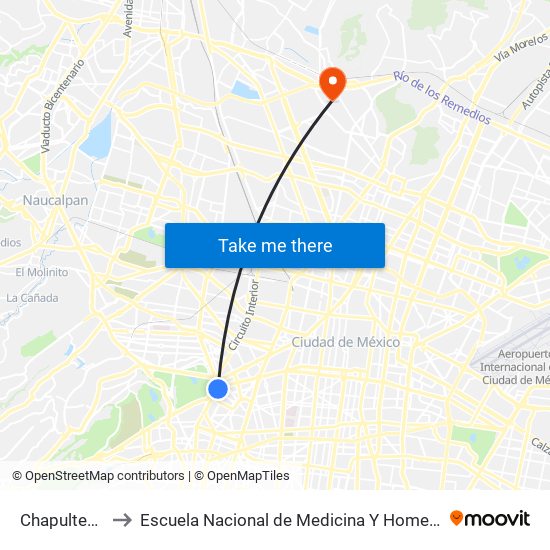 Chapultepec to Escuela Nacional de Medicina Y Homeopatía map