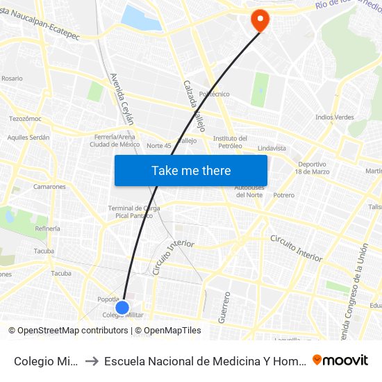 Colegio Militar to Escuela Nacional de Medicina Y Homeopatía map