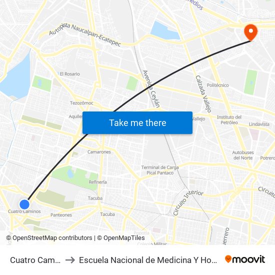 Cuatro Caminos to Escuela Nacional de Medicina Y Homeopatía map