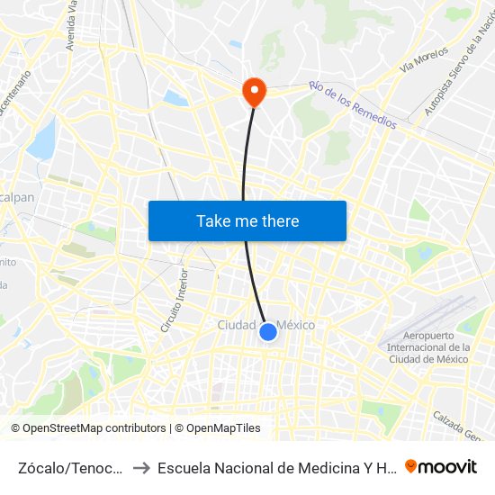 Zócalo/Tenochtitlán to Escuela Nacional de Medicina Y Homeopatía map
