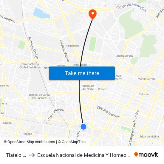 Tlatelolco to Escuela Nacional de Medicina Y Homeopatía map