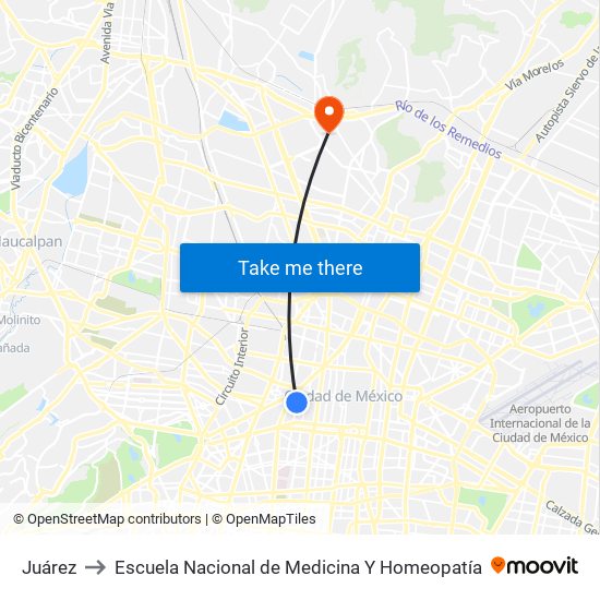 Juárez to Escuela Nacional de Medicina Y Homeopatía map