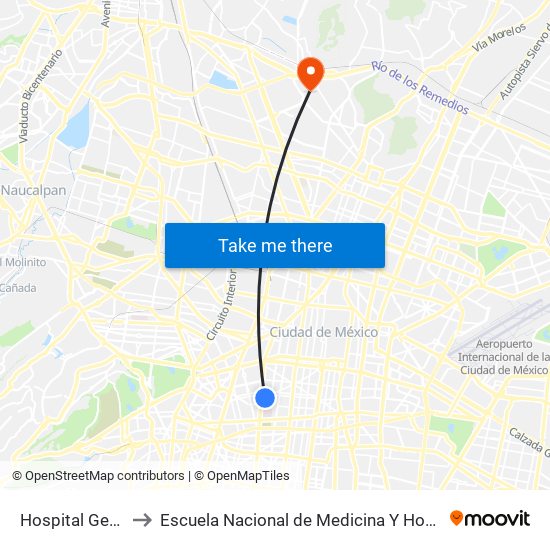 Hospital General to Escuela Nacional de Medicina Y Homeopatía map