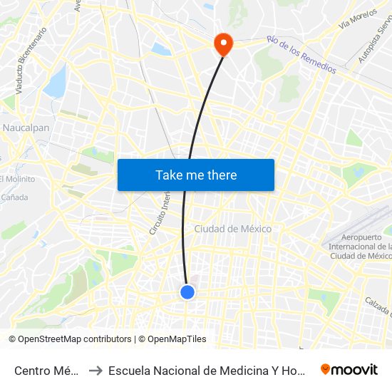 Centro Médico to Escuela Nacional de Medicina Y Homeopatía map