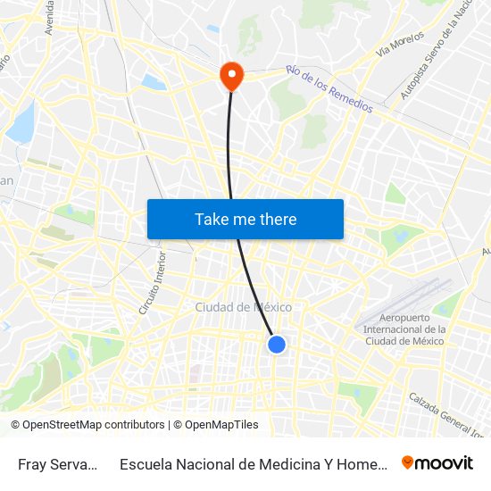 Fray Servando to Escuela Nacional de Medicina Y Homeopatía map