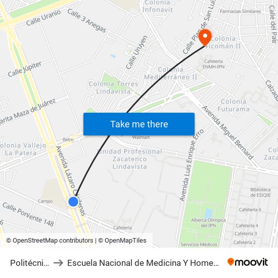 Politécnico to Escuela Nacional de Medicina Y Homeopatía map