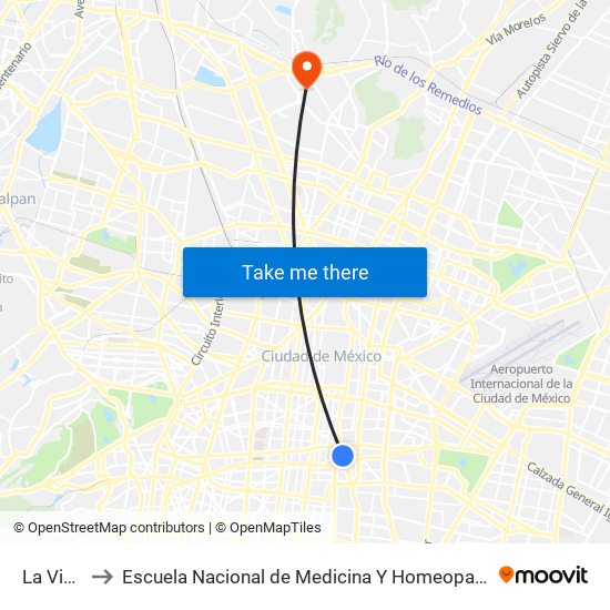 La Viga to Escuela Nacional de Medicina Y Homeopatía map