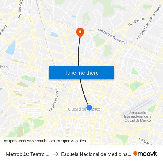 Metrobús: Teatro del Pueblo to Escuela Nacional de Medicina Y Homeopatía map