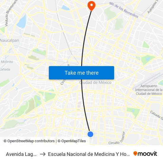 Avenida Lago, 28 to Escuela Nacional de Medicina Y Homeopatía map