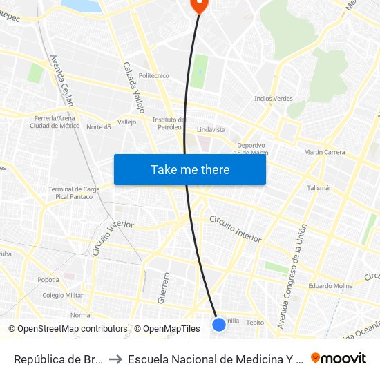 República de Brasil, 65 to Escuela Nacional de Medicina Y Homeopatía map