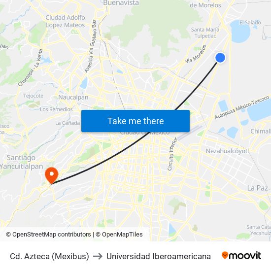 Cd. Azteca (Mexibus) to Universidad Iberoamericana map
