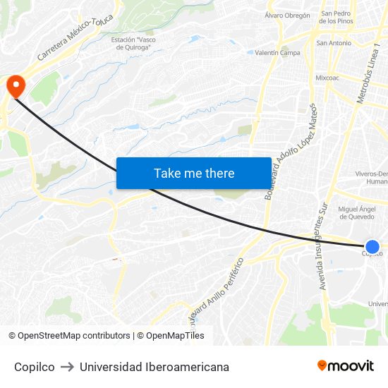 Copilco to Universidad Iberoamericana map
