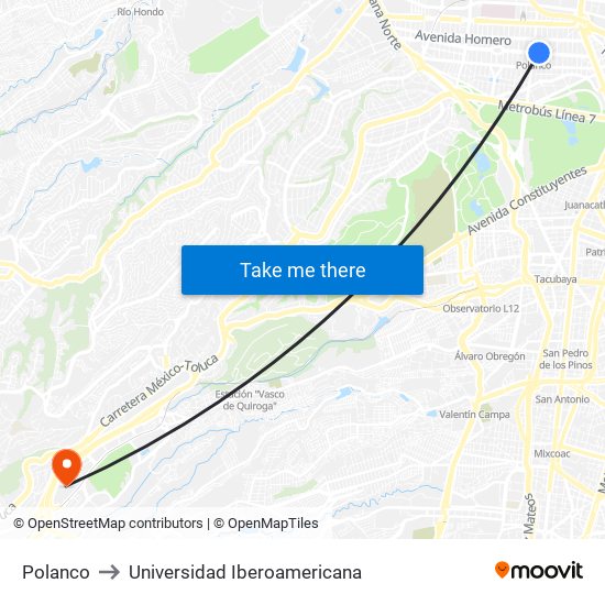 Polanco to Universidad Iberoamericana map