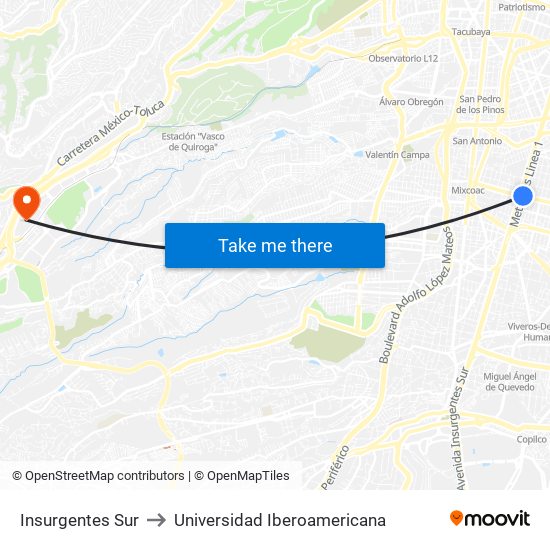 Insurgentes Sur to Universidad Iberoamericana map