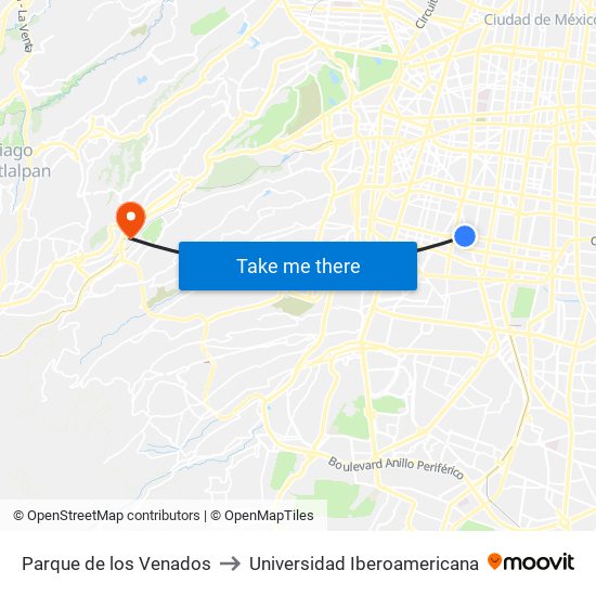 Parque de los Venados to Universidad Iberoamericana map
