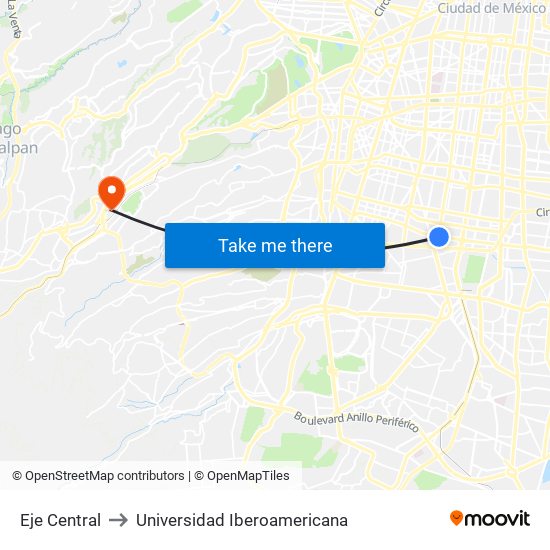 Eje Central to Universidad Iberoamericana map