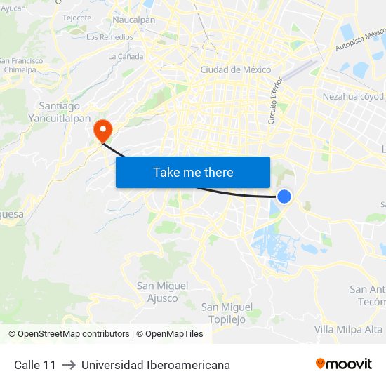 Calle 11 to Universidad Iberoamericana map